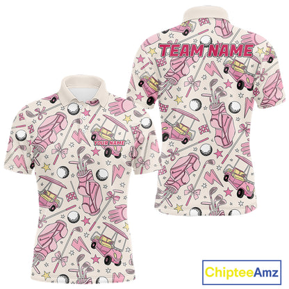 Men's personalized golf polo featuring pink golf ball and golf clubs design, lightweight performance golf apparel for golf teams, charity tournaments, Father's Day gifts and golf vacations, symbolizing confidence, teamwork and golf lifestyle.
