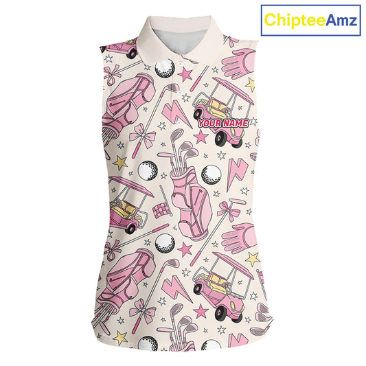 Women's sleeveless golf polo featuring pink golf balls and golf clubs, personalized ladies golf apparel for tournaments, golf vacations and women's golf teams, symbolizing friendship, confidence and golf lifestyle.