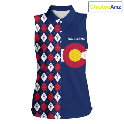 Women's sleeveless golf polo featuring Colorado flag and argyle golf ball pattern, personalized golf apparel inspired by mountain lifestyle, outdoor adventure and state pride.