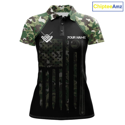 US Flag Camouflage 8 Ball Pool Billiard Polo & Quarter-Zip Custom Billiard Team Attire For Women NYN2748