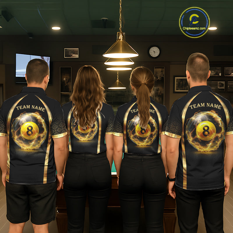 Black & Gold Thunder Lightning Yellow 8 Ball Pool Billiard Jerseys For Women Custom Billiard Team Shirt NYN2752