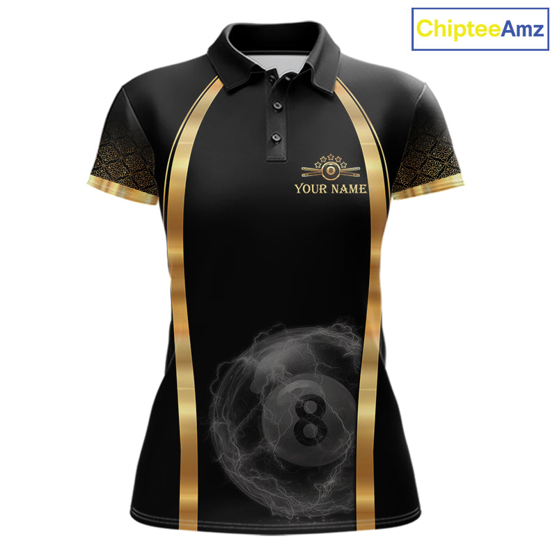 Black & Gold Thunder Lightning Yellow 8 Ball Pool Billiard Jerseys For Women Custom Billiard Team Shirt NYN2752