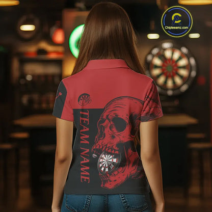 Custom Red Black Skull Dartboards Dart Shirts For Women, Dart Team Jerseys NYN0050