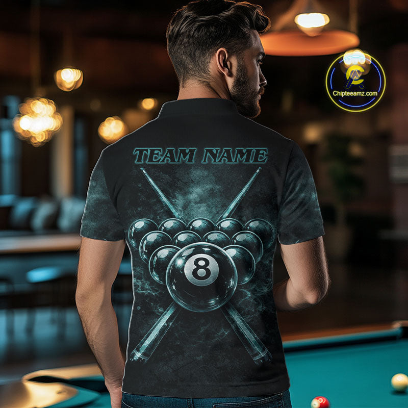 Custom Teal Smoke Grunge Skull Pool 8 Ball Men Billiard Shirt Personalized Ball Billiard Attire NYN2592