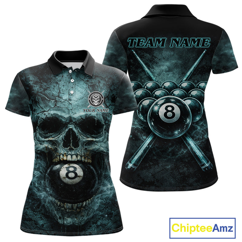 Custom Teal Smoke Grunge Skull Pool 8 Ball Women Billiard Shirt Personalized Ball Billiard Attire NYN2592