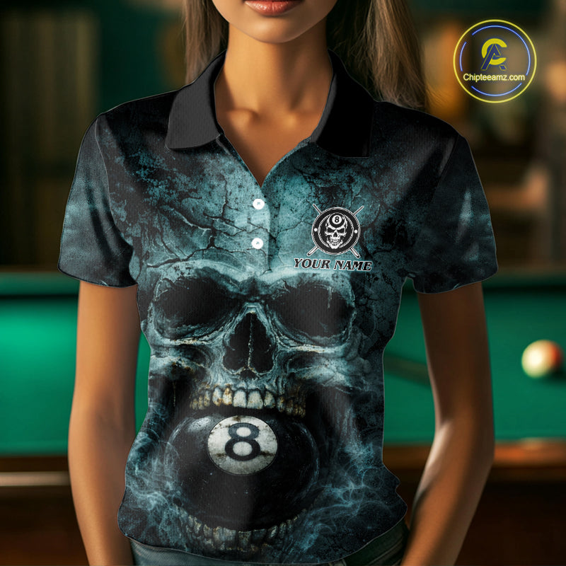 Custom Teal Smoke Grunge Skull Pool 8 Ball Women Billiard Shirt Personalized Ball Billiard Attire NYN2592