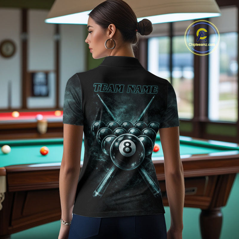 Custom Teal Smoke Grunge Skull Pool 8 Ball Women Billiard Shirt Personalized Ball Billiard Attire NYN2592