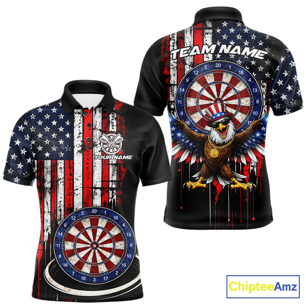 Custom Funny Rich Eagle Grunge US Flag Darts Polo Shirts For Men Patriotic Darts Team Jerseys NYN2757