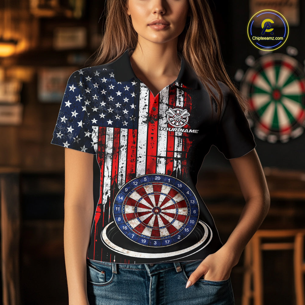 Custom Funny Rich Eagle Grunge US Flag Darts Polo Shirts For Women Patriotic Darts Team Jerseys NYN2757