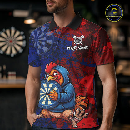 Blue And Red Grunge Funny Rooster Darts Shirt For Men Custom Name & Team Dart Outfits Jerseys NYN3162