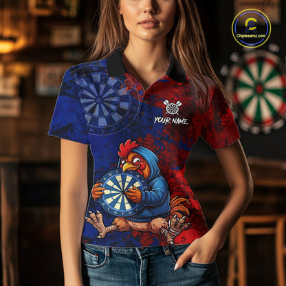 Blue And Red Grunge Funny Rooster Darts Shirt For Women Custom Name & Team Dart Outfits Jerseys NYN3162