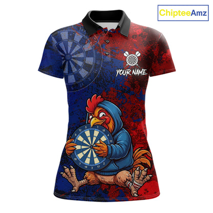 Blue And Red Grunge Funny Rooster Darts Shirt For Women Custom Name & Team Dart Outfits Jerseys NYN3162