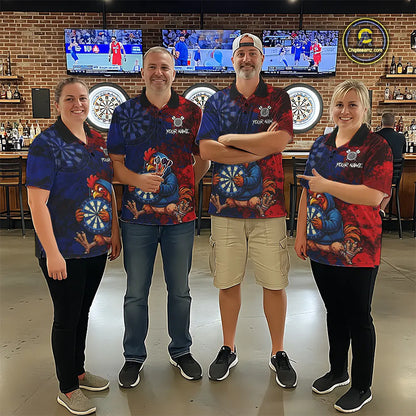 Blue And Red Grunge Funny Rooster Darts Shirt For Women Custom Name & Team Dart Outfits Jerseys NYN3162