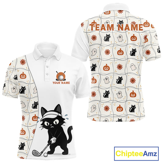 Funny Cat Golfer men's golf polo, Halloween golf shirt, personalized golf team uniform, moisture-wicking golf apparel