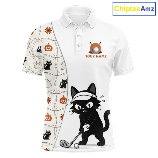 Funny Cat Golfer men's golf polo, Halloween golf shirt, personalized golf team uniform, moisture-wicking golf apparel