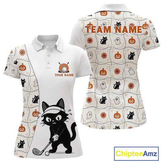 Funny Cat Golfer women's golf polo shirt, custom Halloween golf team apparel, breathable golf uniform, golf outing clothing