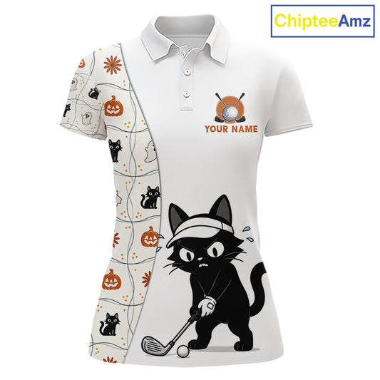 Funny Cat Golfer women's golf polo shirt, custom Halloween golf team apparel, breathable golf uniform, golf outing clothing