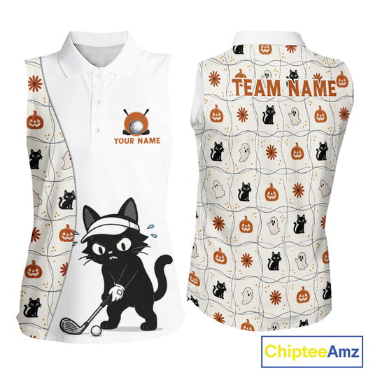 Funny Cat Golfer Halloween women sleeveless golf polo, personalized cat golf shirt, spooky golf apparel, ladies golf tournament, Halloween golf gift