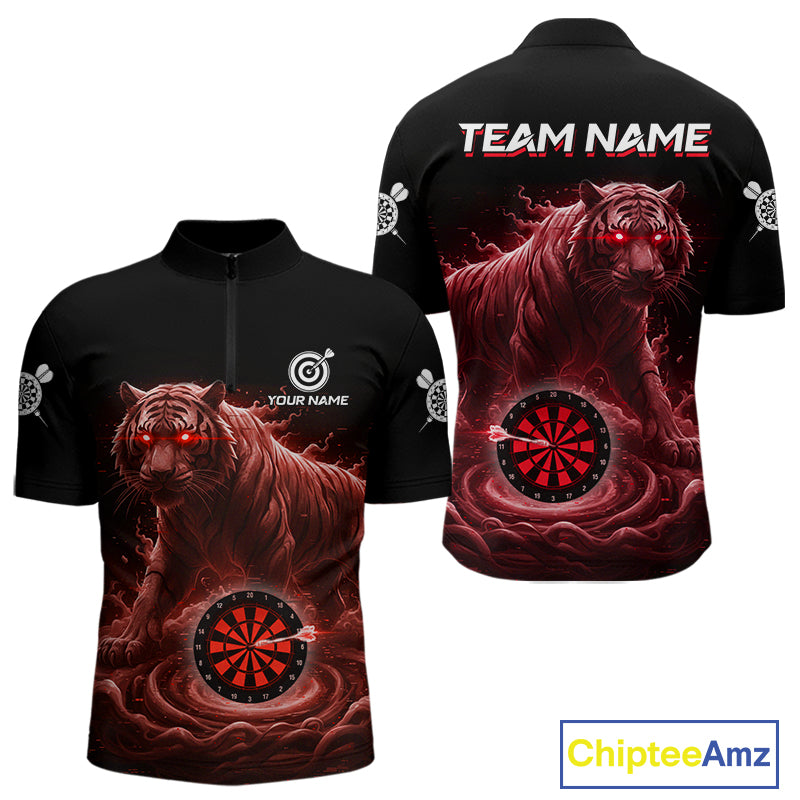 Custom Red Smokes Funny Tiger Dartboard Men Darts Quarter-Zip Shirt, Outfits Dart Jerseys NYN1812