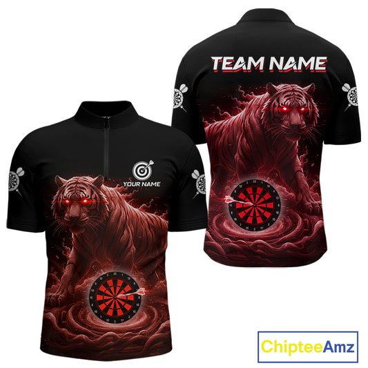 Custom Red Smokes Funny Tiger Dartboard Men Darts Quarter-Zip Shirt, Outfits Dart Jerseys NYN1812