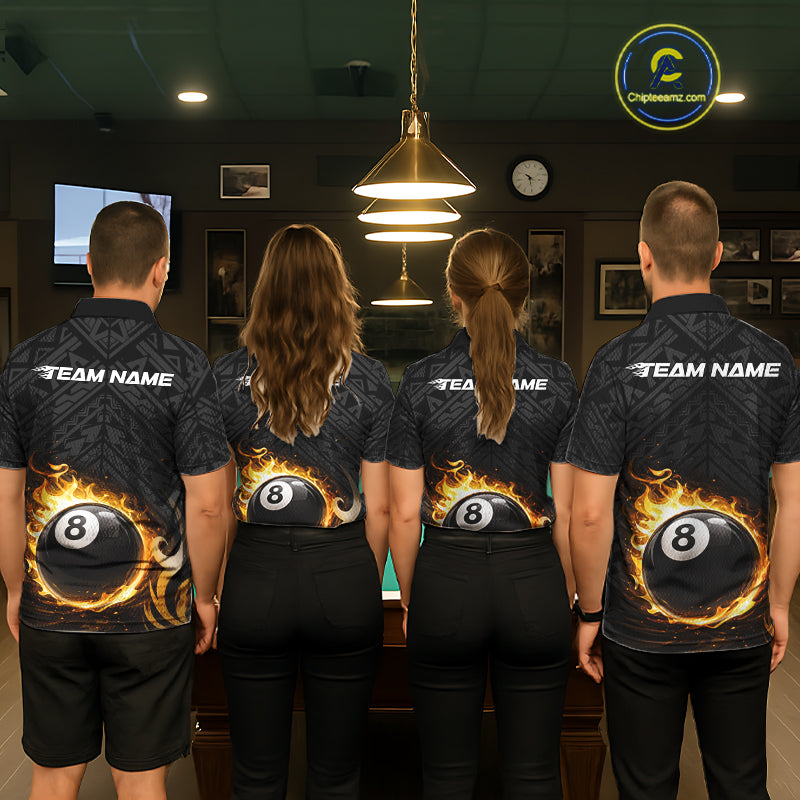Yellow Tribal Flaming Pool 8 Ball Women Billiard Polo & 1/4-Zip Shirt Personalized Billiard Attire NYN2601
