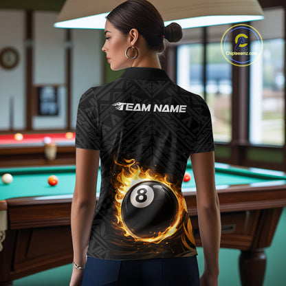 Yellow Tribal Flaming Pool 8 Ball Women Billiard Polo & 1/4-Zip Shirt Personalized Billiard Attire NYN2601