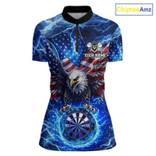Load image into Gallery viewer, Patriotic Eagle Blue Flames Thunder Dartboard Women Darts Quarter-Zip Shirt Custom US Flag Darts Jersey NYN2607