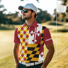 Load image into Gallery viewer, Mens Golf Polo Shirts Maryland Flag Patriotic Custom Golf Ball Argyle Pattern Mens Golf Polos NYN3382