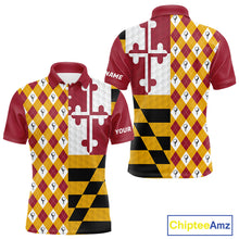 Load image into Gallery viewer, Mens Maryland flag golf polo shirt custom golf ball argyle patriotic golf polo