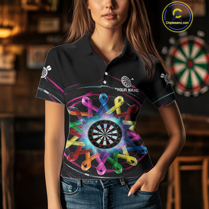Multicolor Ribbon Circle Dartboard Custom Breast Cancer Awareness Darts Women Polo Shirt NYN1831