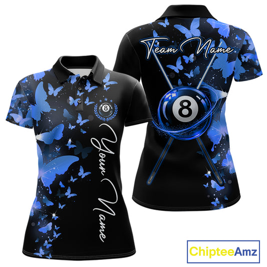 Women's billiard polo featuring butterfly, blue lightning and realistic 8 ball graphics, personalized performance pool shirt for APA leagues, butterfly lovers, artistic athletes and custom billiard teams, symbolizing freedom, balance, wisdom and precision.