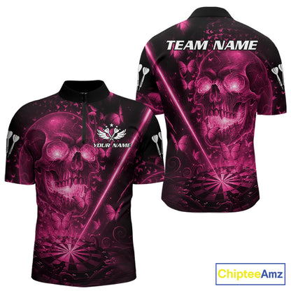 Lightning Pink Butterflies Skull Dartboard Custom Men Darts 1/4-Zip Shirt Dart Jerseys NYN2355