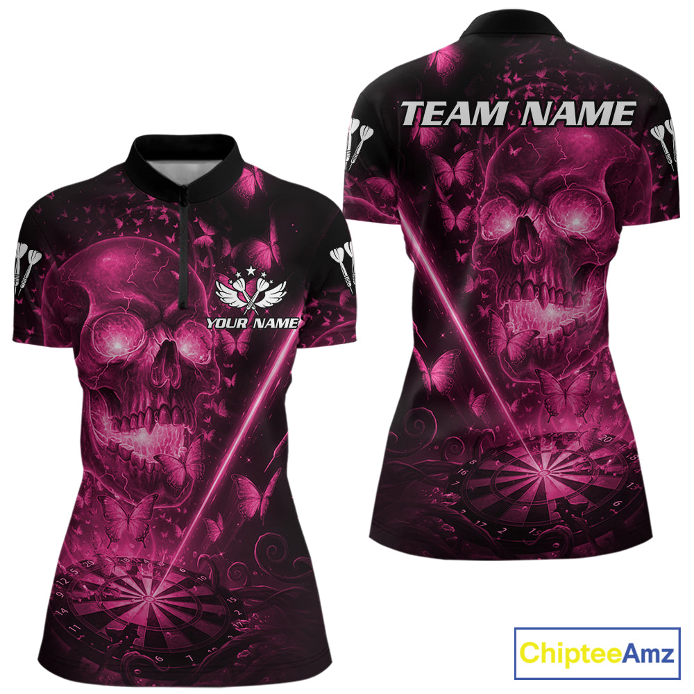 Lightning Pink Butterflies Skull Dartboard Custom Women Darts 1/4-Zip Shirt Dart Jerseys NYN2355