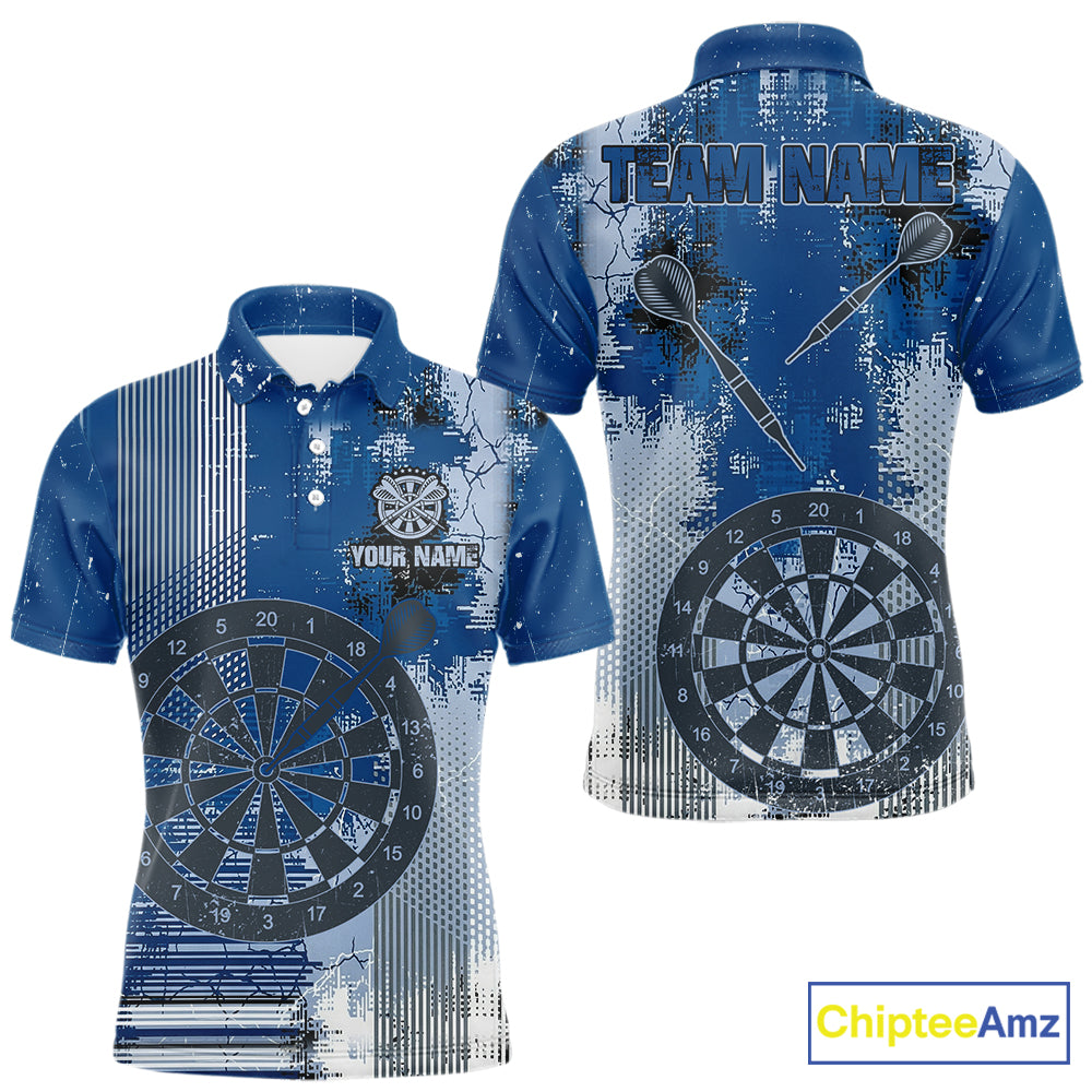 Blue Grey Grunge Dartboard Men Dart Polo & 1/4-Zip Shirt Custom Team Name Dart Jersey For Darters NYN2975