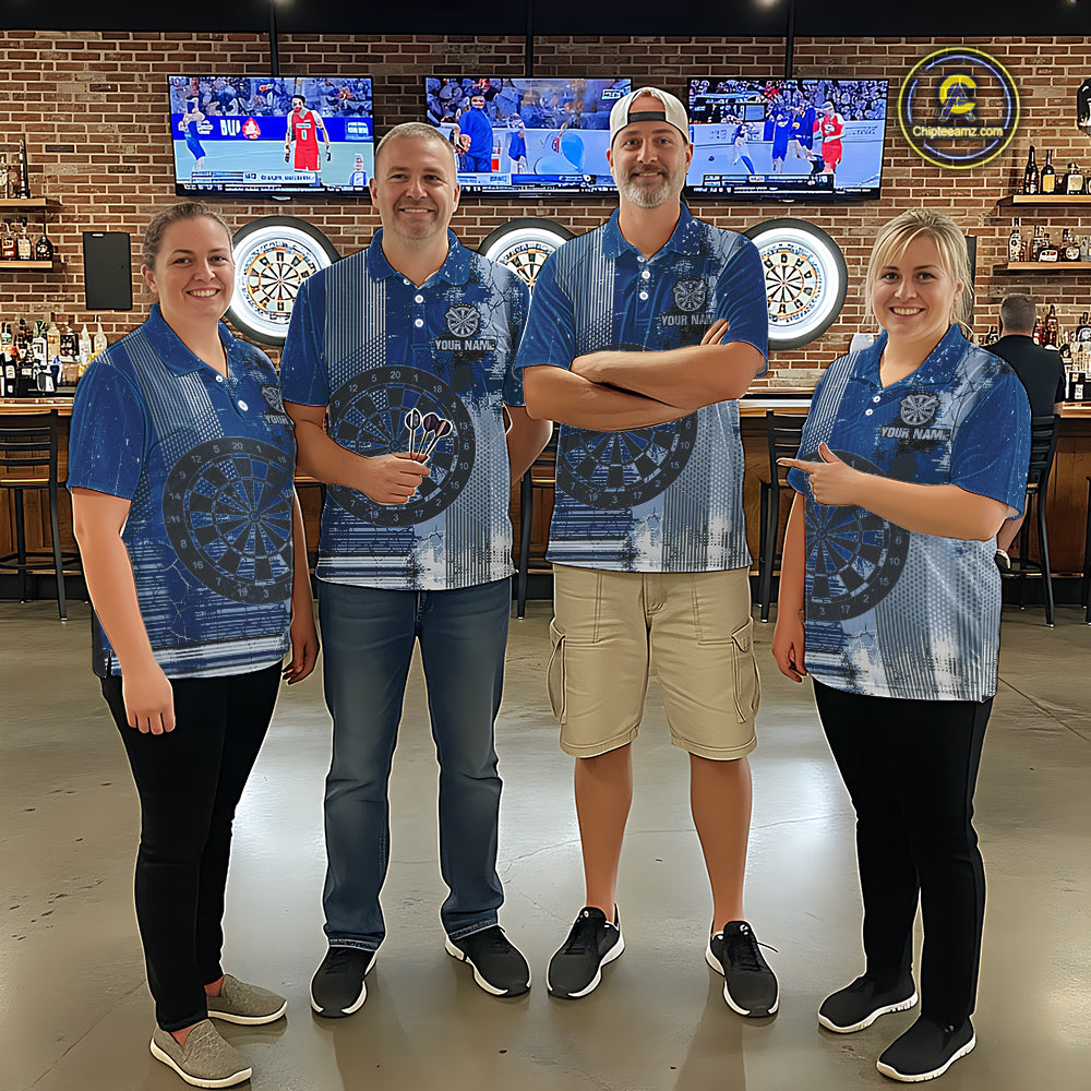 Blue Grey Grunge Dartboard Men Dart Polo & 1/4-Zip Shirt Custom Team Name Dart Jersey For Darters NYN2975