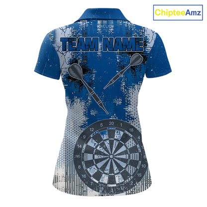 Blue Grey Grunge Dartboard Women Dart Polo & 1/4-Zip Shirt Custom Team Name Dart Jersey For Darters NYN2975