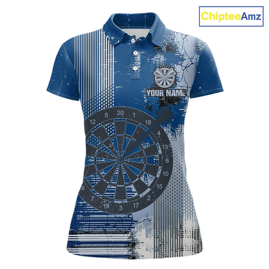 Blue Grey Grunge Dartboard Women Dart Polo & 1/4-Zip Shirt Custom Team Name Dart Jersey For Darters NYN2975