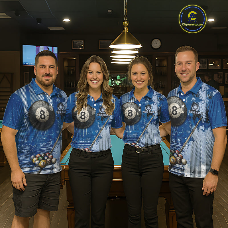 Blue Grey Grunge 8 Ball Pool Shirts Custom Women Billiard Pool Shirts Rack Billiard Team Jerseys NYN2976
