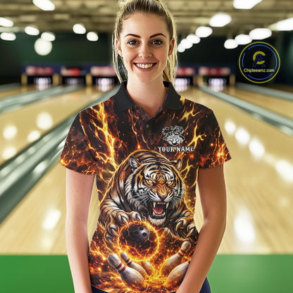 Custom Orange Fire Flaming Tiger Bowling Shirts For Women Tiger Bowling Tournament Shirt NYN3944
