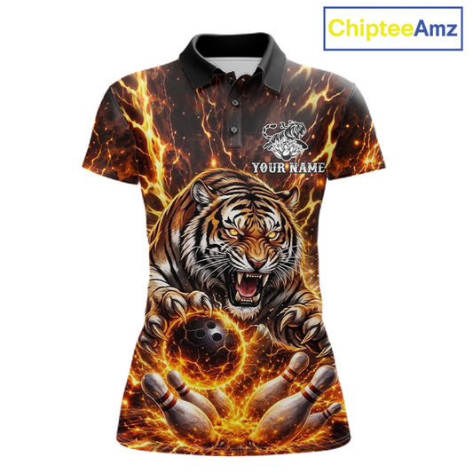 Custom Orange Fire Flaming Tiger Bowling Shirts For Women Tiger Bowling Tournament Shirt NYN3944