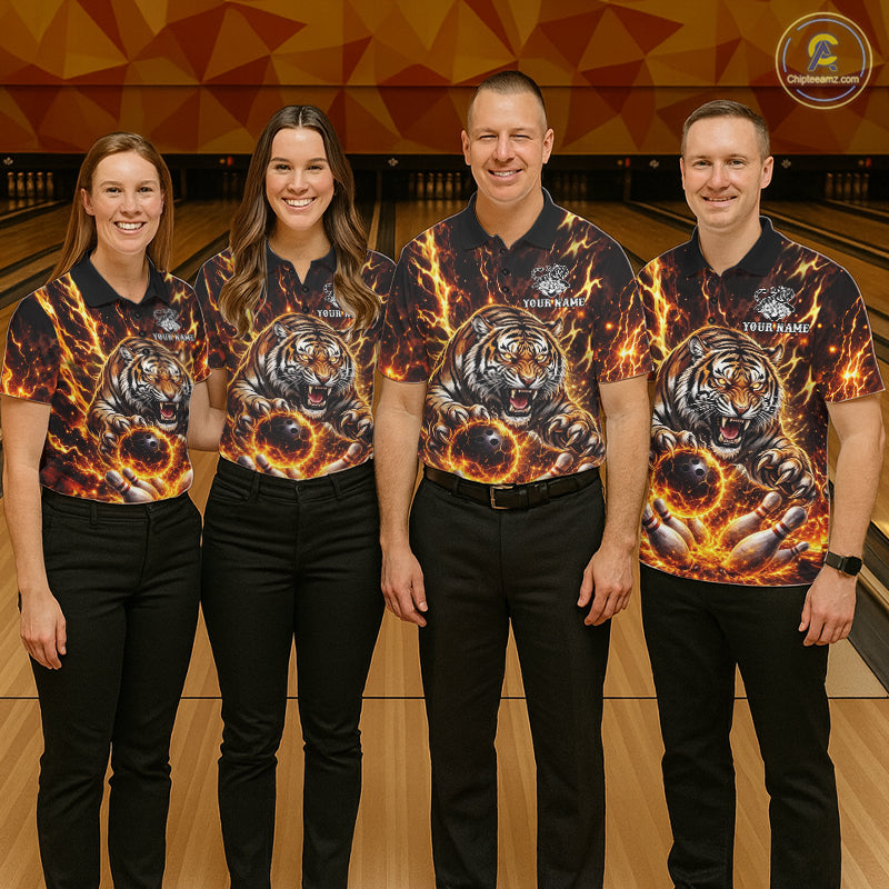 Custom Orange Fire Flaming Tiger Bowling Shirts For Men Tiger Bowling Tournament Shirt NYN3944