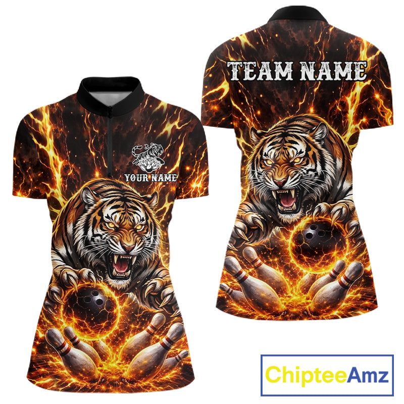 Custom Orange Fire Flaming Tiger Bowling Shirts For Women Tiger Bowling Tournament Shirt NYN3944