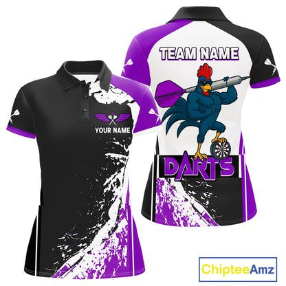 Purple Fiery Rooster Fury Dart Arrow Women Funny Darts Polo Shirt Custom Name Darts Jersey NYN2112