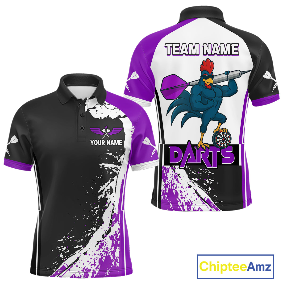 Purple Fiery Rooster Fury Dart Arrow Men Funny Darts Polo Shirt Custom Name Darts Jersey NYN2112
