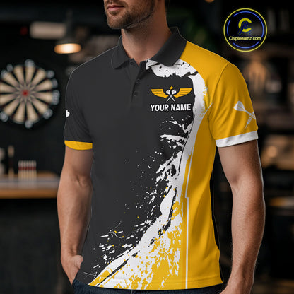 Yellow Fiery Rooster Fury Dart Arrow Men Funny Darts Polo Shirt Custom Name Darts Jersey NYN2114