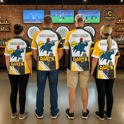 Yellow Fiery Rooster Fury Dart Arrow Men Funny Darts Quarter- Zip Shirt Custom Name Darts Jersey NYN2114