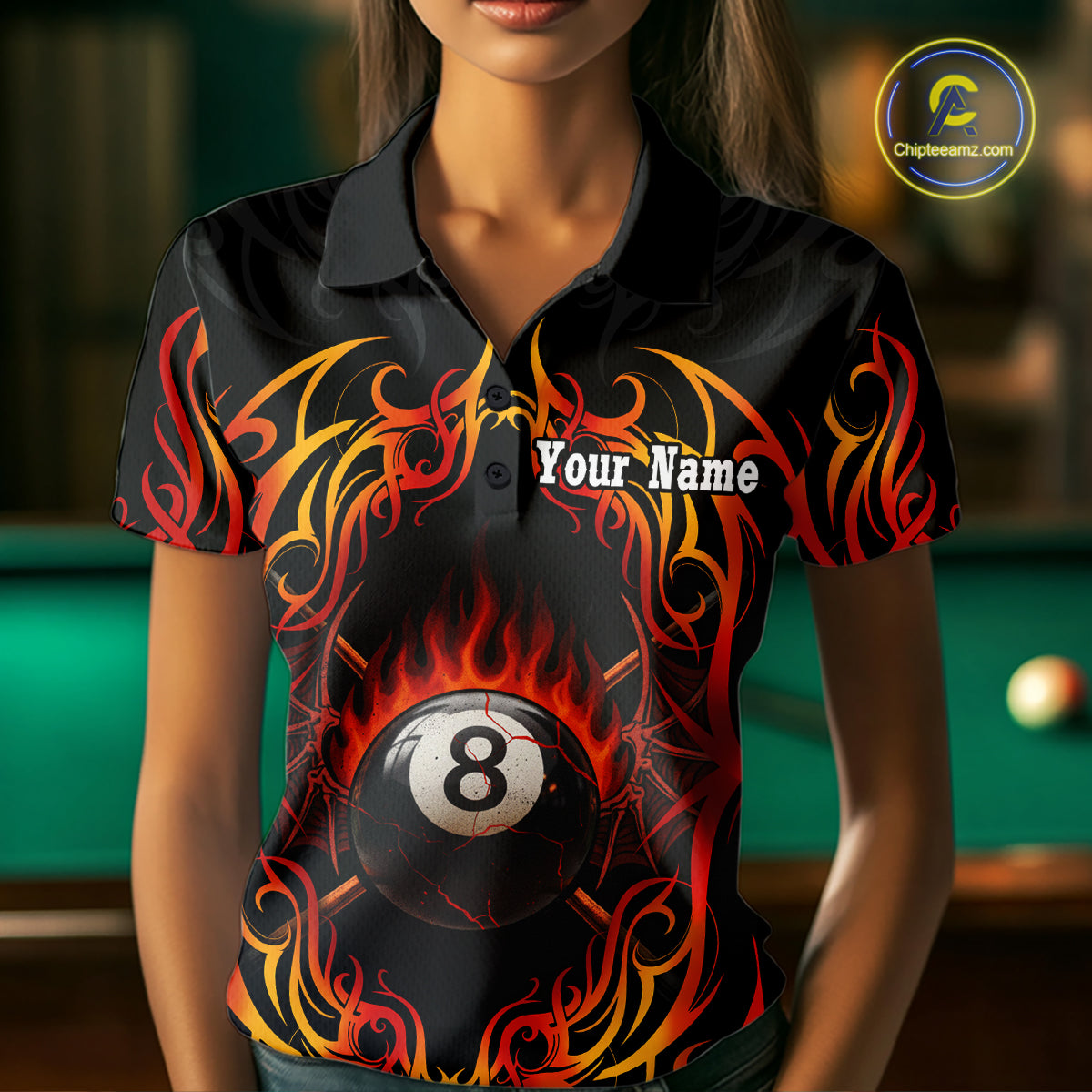 Skull Tribal Ball Pool Women Billiard Polo & 1/4-Zip Shirts Custom Flame 8 Ball Billiard Attire NYN2389