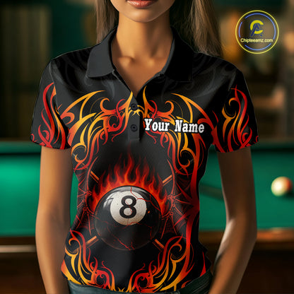 Skull Tribal Ball Pool Women Billiard Polo & 1/4-Zip Shirts Custom Flame 8 Ball Billiard Attire NYN2389