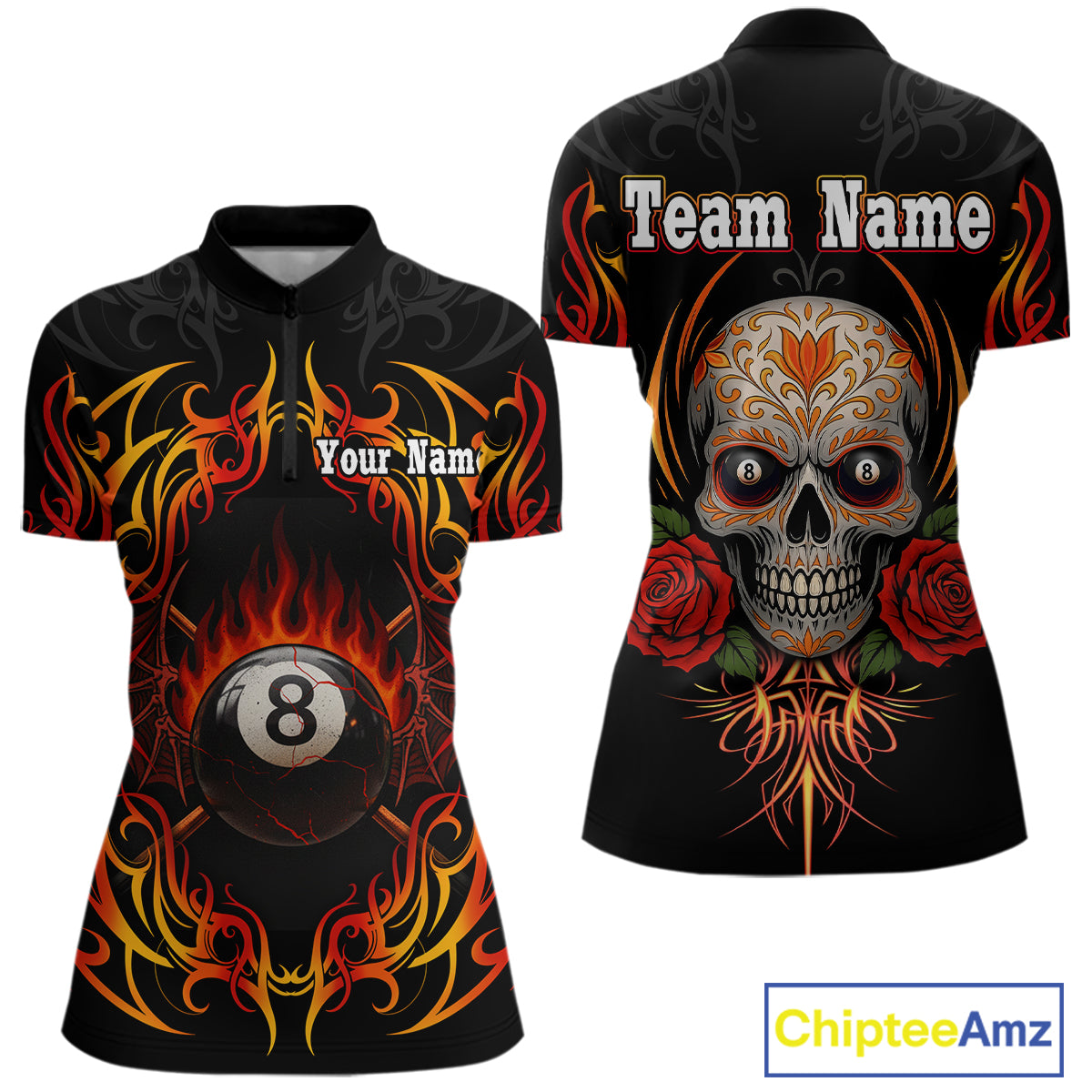 Skull Tribal Ball Pool Women Billiard Polo & 1/4-Zip Shirts Custom Flame 8 Ball Billiard Attire NYN2389