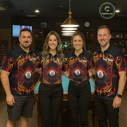Skull Tribal Ball Pool Men Billiard Polo & 1/4-Zip Shirts Custom Flame 8 Ball Billiard Attire NYN2389
